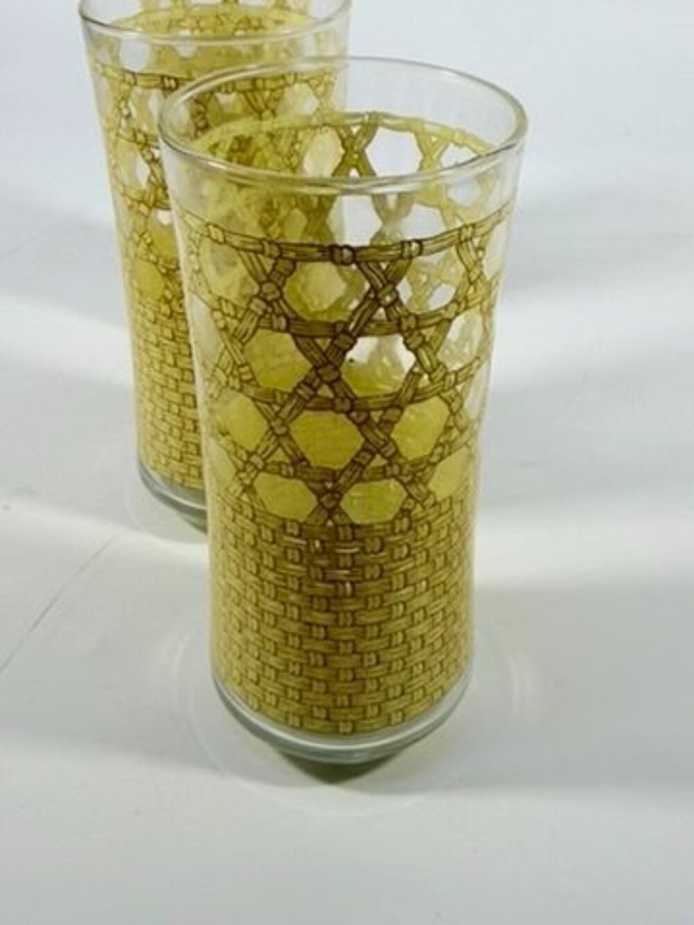 Drinking Ice Tea Water Glasses Set 3 Libbey Woven Cane Rattan Bamboo Vintage - Picture 9 of 14